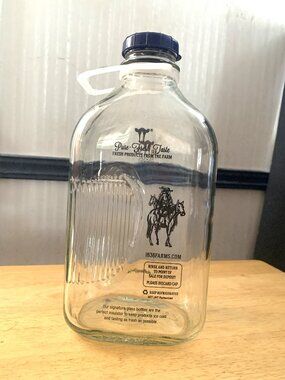 BOTTLE - 64oz 1836 FARMS glass milk bottle blue cap Large Terrell Texas 10" Ht